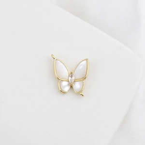18k gold plated butterfly charm with white shell inlay and zircon for DIY jewelry