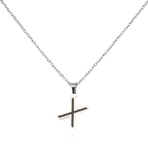 Macro detail of silver stainless steel cross chain with a black and silver letter X pendant