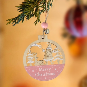 Ornements Suspendus De Noël En Bois Sculpté Creux Renne Père Noël Pendentifs Avec Cloche En Métal Rose Couleur Bois Naturel