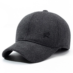 Winter wool baseball cap with ear flaps and R logo patch in dark gray melange fabric