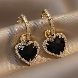 Alloy Rhinestone Black Heart Hoop Earrings With 925 Sterling Silver Earring Post French Vintage Style For Women