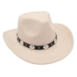 Detailed close-up of beige felt cowboy hat with black leather belt and silver metal studs