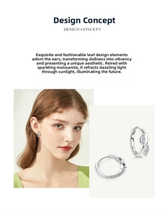 Detail showing elegant leaf shaped s925 silver moissanite earrings and model wearing view