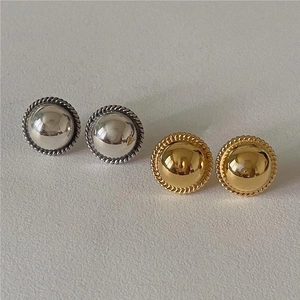 925 Sterling Silver Stud Earrings Mirror Surface Half Sphere Twisted Rope Edge Retro Minimalist Jewelry For Women