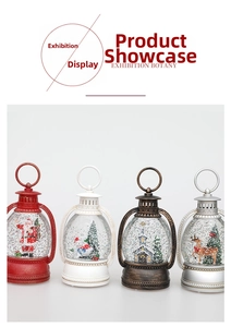 Detailed view of four Christmas lanterns in red, white, bronze, and silver with snow globes