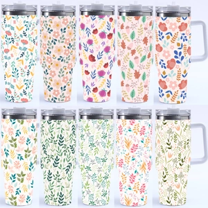 40oz stainless steel tumblers with handle featuring 10 assorted floral and leaf patterns