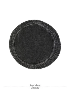 Top view of a dark grey washed denim bucket hat featuring neat stitching details