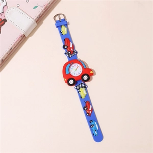 Close-up of children's blue silicone watch featuring a 3D red car shaped dial