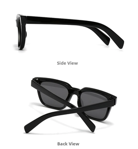 Detail view of black square frame sunglasses showing side and back functional display