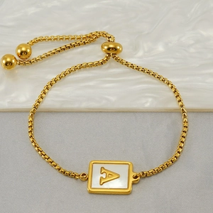 Gold square shell pendant bracelet with letter A and adjustable snake chain