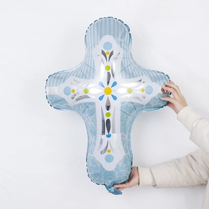 Light blue cross-shaped foil balloon with colorful dots for baptism and birthday decor
