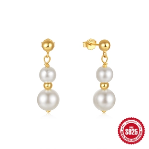 Elegant S925 sterling silver drop earrings with double pearls and gold plating finish
