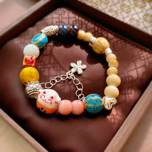 Japanese style ceramic lucky cat beaded bracelet with colorful beads and flower charm