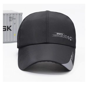 Close-up of black breathable mesh baseball cap with gray Sports Cap 87 print detailing