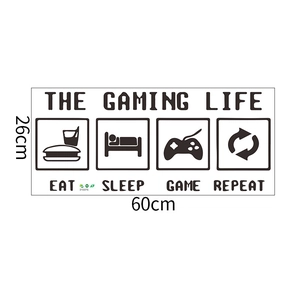 Detail of gaming wall sticker featuring 'The Gaming Life' text, sized 60cm by 26cm