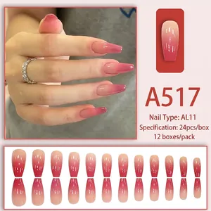 Pink gradient long trapezoid press-on nail set with 24 pieces in glossy finish A517