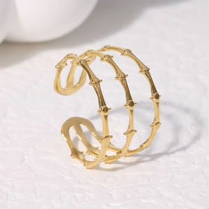 Minimalist gold-plated triple-layer bamboo joint ring with adjustable open band design