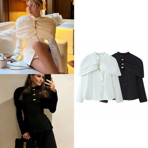 Women Elegant Cape Pleated Blouse Stand Collar Long Sleeve Top With Golden Irregular Buttons Slim Fit Office Lady Polyester Shirt