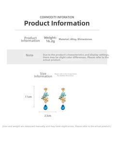 Detailed view of rhinestone flower earrings showing 7.1cm x 2.3cm dimensions and alloy material