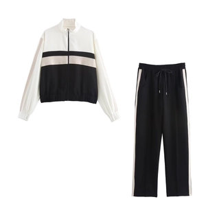 Women Tracksuit Polyester Zipper Jacket And Long Pants Sporty Color Block Stripe Casual Comfortable Loungewear Outfit
