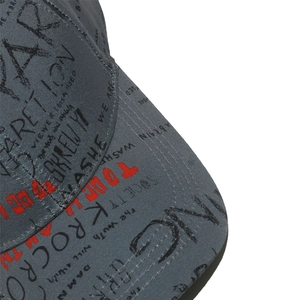 Detailed view of dark grey graffiti baseball cap with red and black screen-printed letters