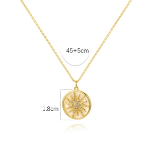 Detail showing a 1.8cm sunburst pearl pendant with dimensions and adjustable chain length