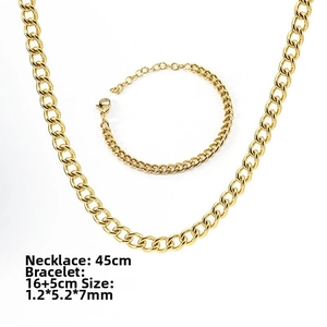 Detail of 18K gold stainless steel Cuban link necklace and bracelet set with dimensions