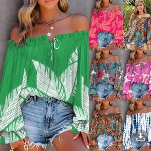 Women Off Shoulder Blouse Polyester Long Flare Sleeve Tie-up Drawstring Bohemian Paisley Print Casual Vacation Shirt Top