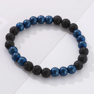 Detail of 8mm blue metallic and black lava stone beads on a stretch bracelet