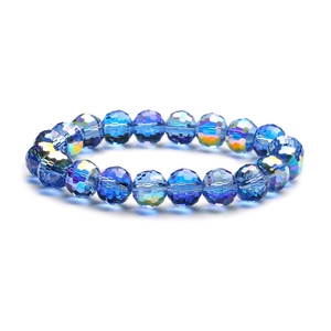 Blue AB coated 10mm crystal glass round beads bracelet with multi-faceted shine