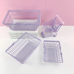 Lavender metal storage basket set and mini shopping cart for office and desk organization