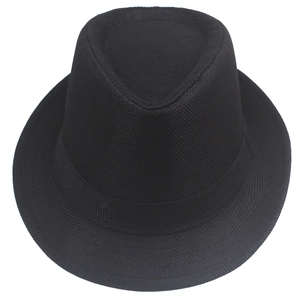 Classic black linen fedora hat with mesh texture and matching ribbon for sun protection