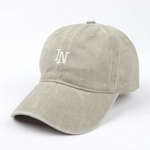 Classic washed khaki cotton baseball cap with white IN letter embroidery for sun protection