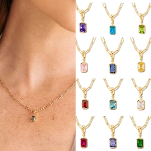 Birthstone Necklace For Women 18K Gold Plated Titanium Steel Monthly Rectangle Emerald Cut Crystal Pendant Paperclip Chain