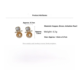 Detail view of square zircon earring with champagne pearl and gold plating specs