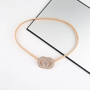 Elegant rose gold elastic metal belt with rhinestone-studded double ring buckle