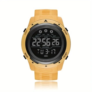 Detail of yellow digital sports watch dial with pedometer and LCD function display