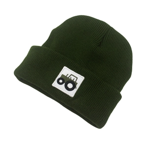 Deep green knit baby beanie with tractor patch and ear protection for autumn and winter