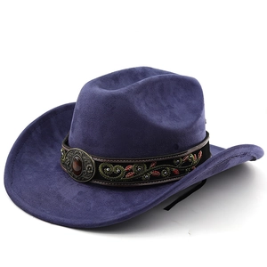 Detail of dark purple suede cowboy hat with floral embroidery and retro metallic buckle