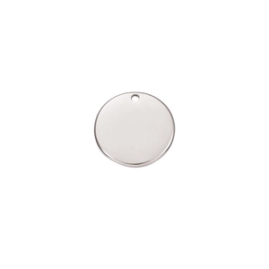 Close-up of a polished round stainless steel blank pendant with a small hanging hole