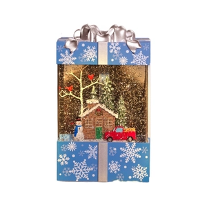 Blue Christmas musical snow globe box with snowman, red truck and warm lights