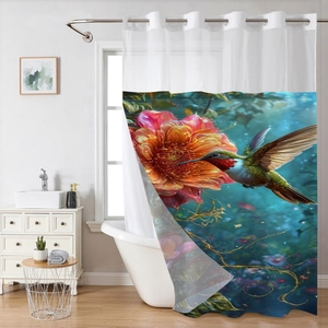 Detailed close-up of a double-layer shower curtain with colorful hummingbird and floral print