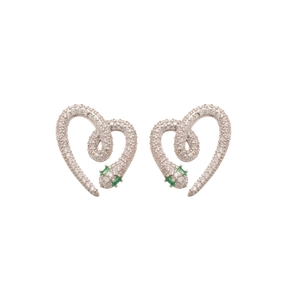 Silver snake heart earrings with sparkling cubic zirconia and green gemstone accents