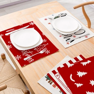 Christmas cotton linen placemat set with red festive print and merry greetings
