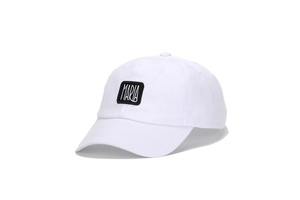 Close-up of white cotton baseball cap with black Maria embroidery patch detail