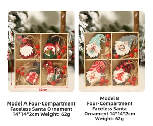 Detail view of 4-grid wooden box with gnome ornaments and red beads for Christmas decor