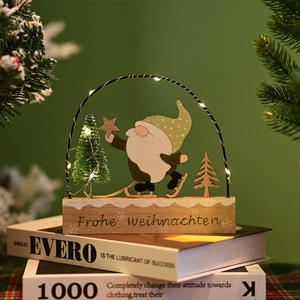 Detail of wooden Christmas gnome ornament with warm LED light in a metal arch