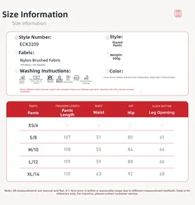Size chart showing fabric specs and measurements for flared high-waist yoga pants