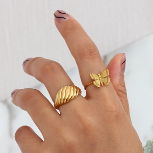 Adjustable 18K gold plated butterfly and croissant dome rings set for women