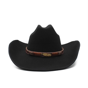 Classic black wide-brim cowboy felt hat with brown braided band and gold feather charm